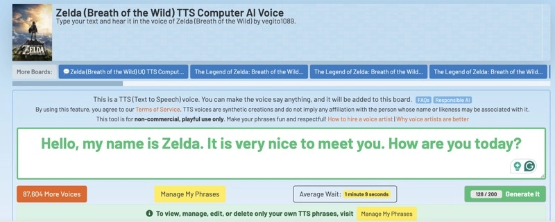 101Soundboards Zelda AI Voice Generator