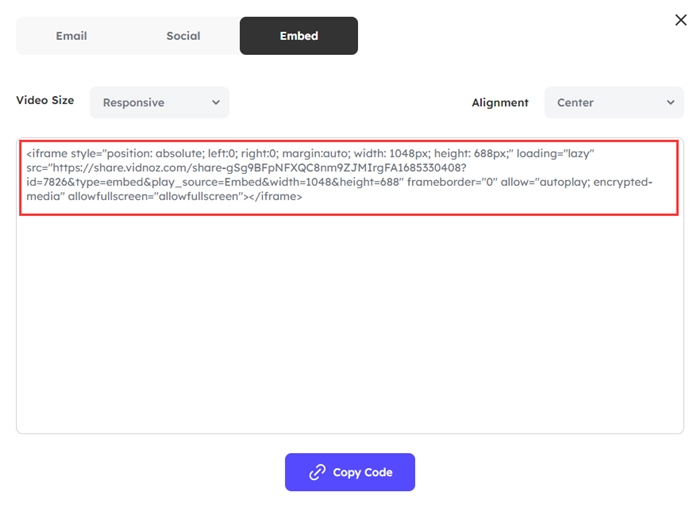 Produce Video Embed Code with Vidnoz Flex