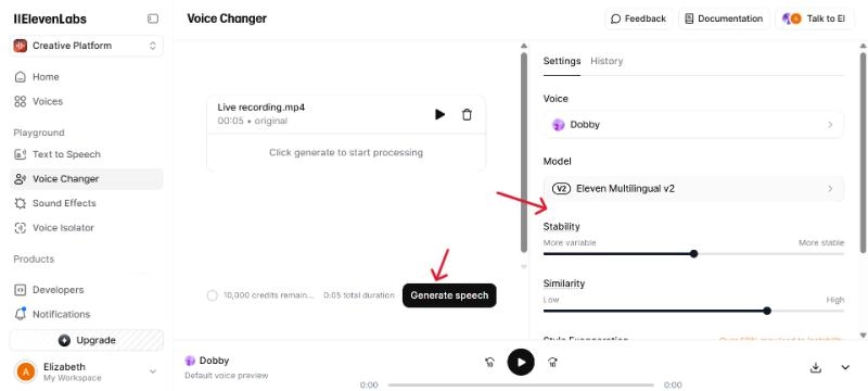 Adjust the Settings and Click on the Generate Speech Button