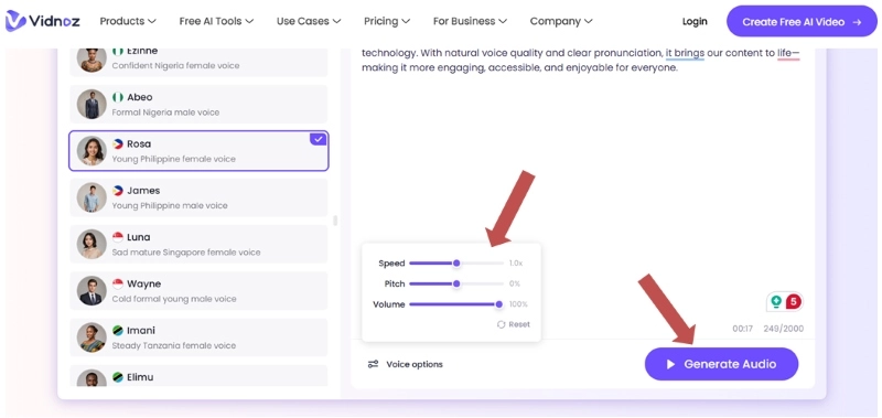 Adjust Voice Options and Click on Generate Audio