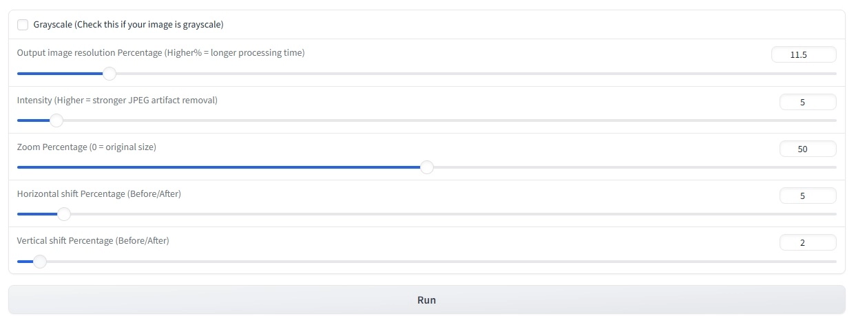 Adjusting Sliders in Hugging Face JPEG Artifacts Removal Tool