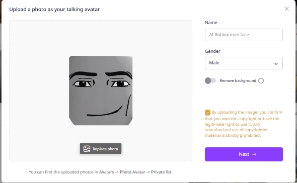 AI Roblox Man Face Vidnoz Talking Video Avatar
