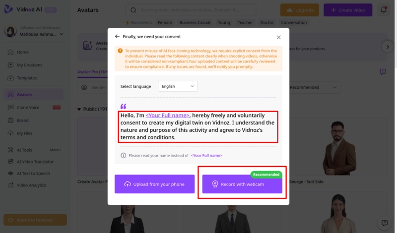 AI Video Processing Consent to Create Digital Avatar