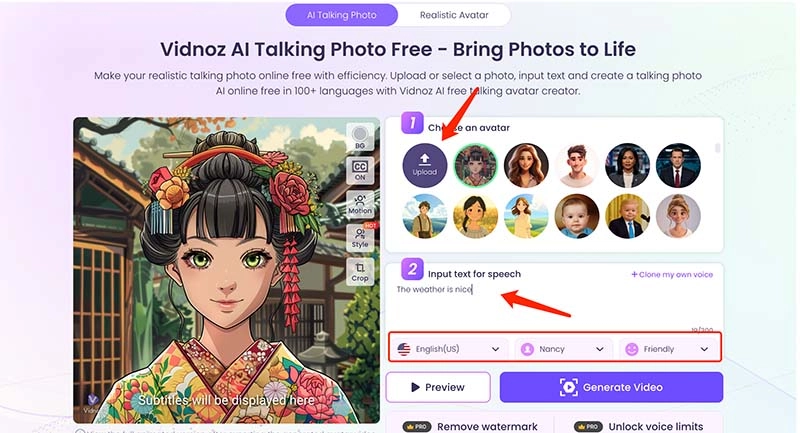 Anime Talking Vidnoz AI Input Text