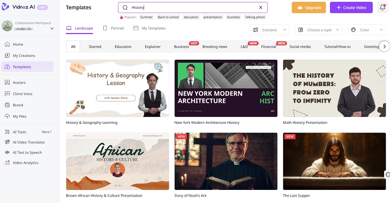 Choose a Historical Video Template on Vidnoz