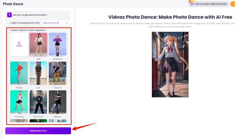 Choose the Dance Animation in Vidnoz Photo Dance
