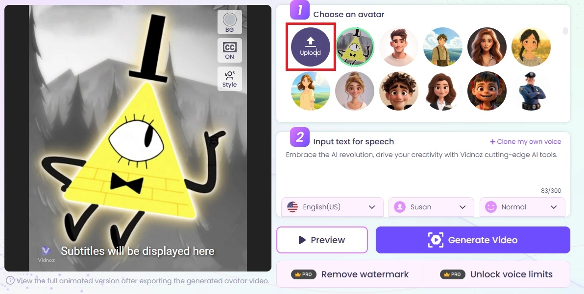 Choosing Bill Cipher AI Avatar In Vidnoz AI Talking Head