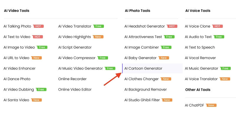 Click on AI Cartoon Generator