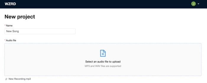 Create a New Project on WZRD AI Music Visualizer
