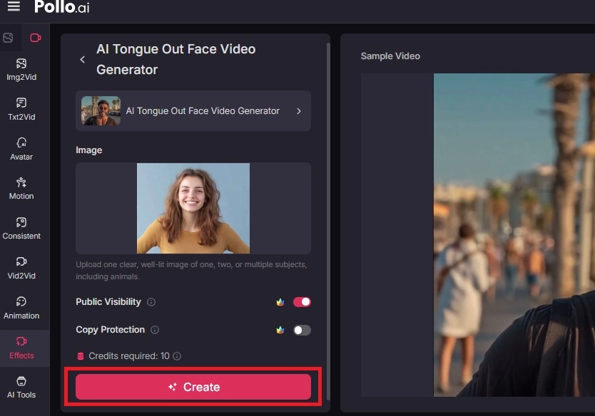 Create Button in Pollo AI for AI Tongue Out
