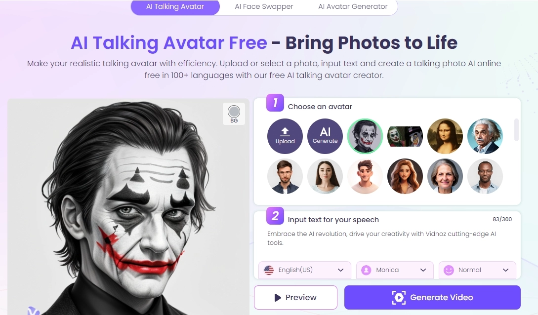 Create Joker Voice and Talking Avatar With Vidnoz