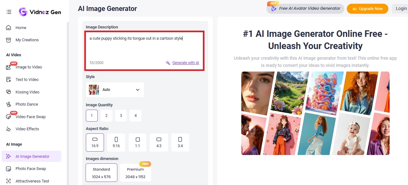 Vidnoz AI Image Generator Tool for AI Tongue Out Image