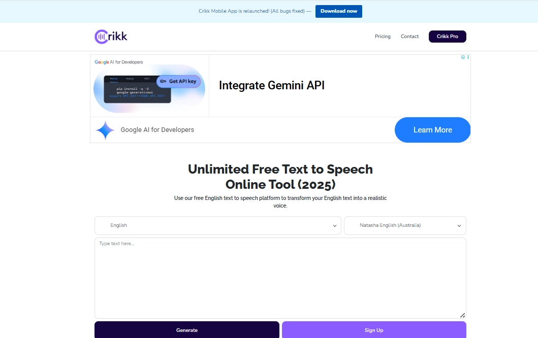 Crikk Text to Speech Tool