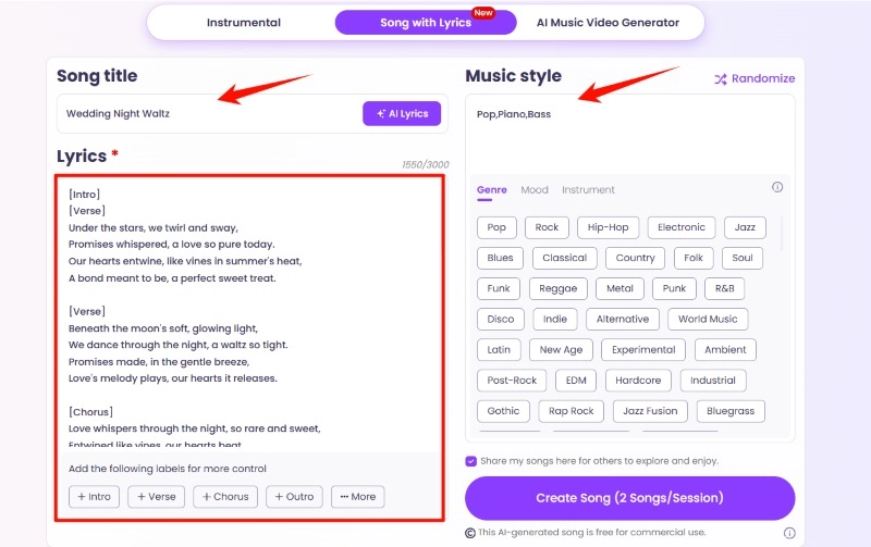 Customization in AI Song with Lyrics Mode
