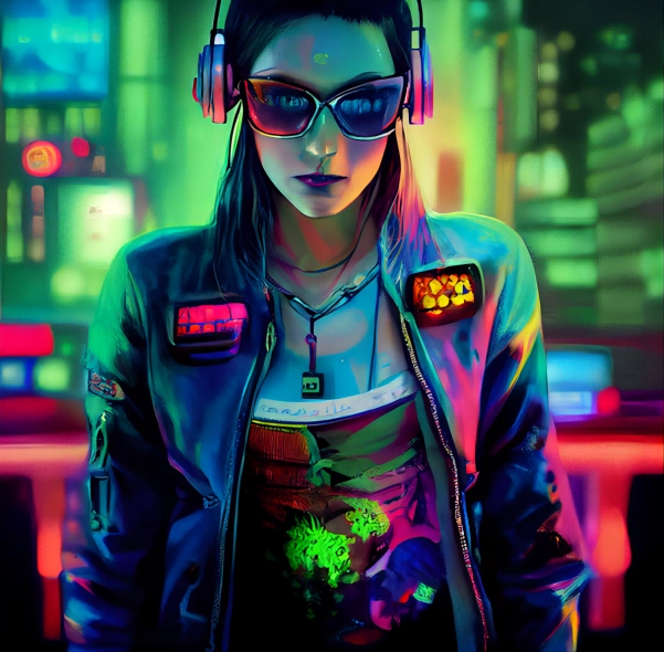 Cyberpunk Girl in Jacket and Sunglasses