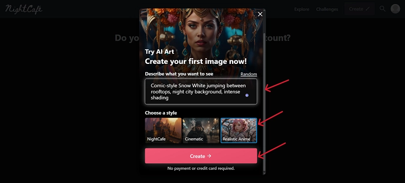 Describe the Image, Choose Style, and Click on Create