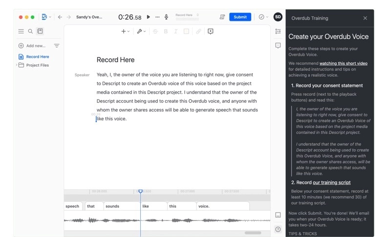 Descript Overdub Voice Cloning