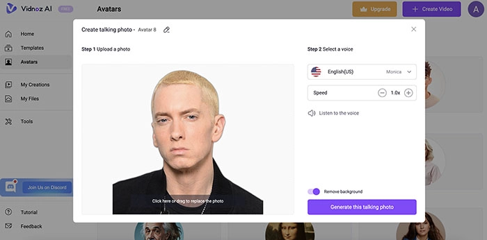 Eminem Text to Speech Vidnoz AI Upload Avatar