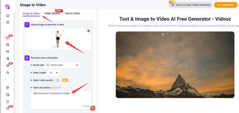 Enter Prompt to Vidnoz AI Image to Video Generator