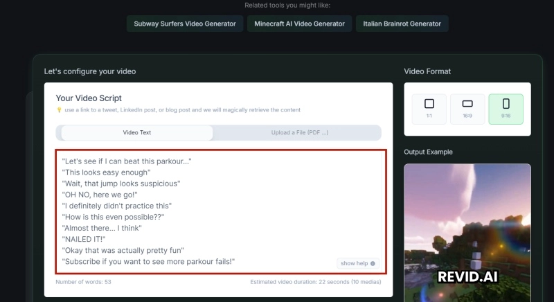 Enter Script for the Minecraft Parkour Video