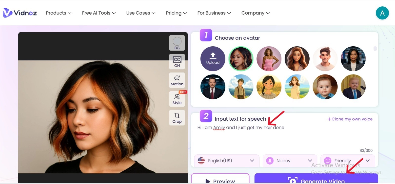 Enter Text and Click Generate Video Button