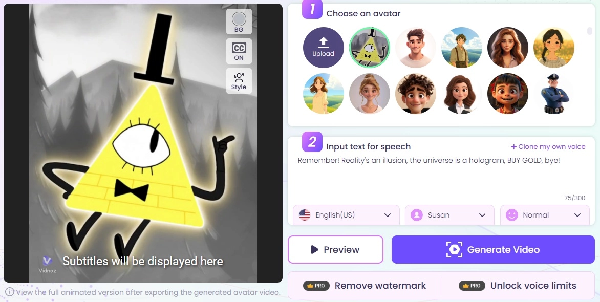 Enter Text-To-Speech For Bill Cipher With Vidnoz AI Talking Head