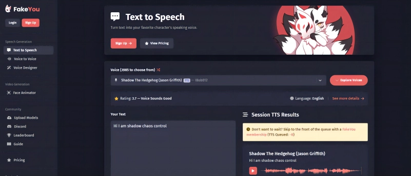 FakeYou Text to Speech Shadow AI Voice Generator