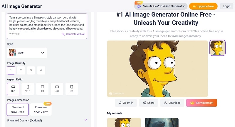 Final Output of Simpsonize Me Image with Vidnoz AI