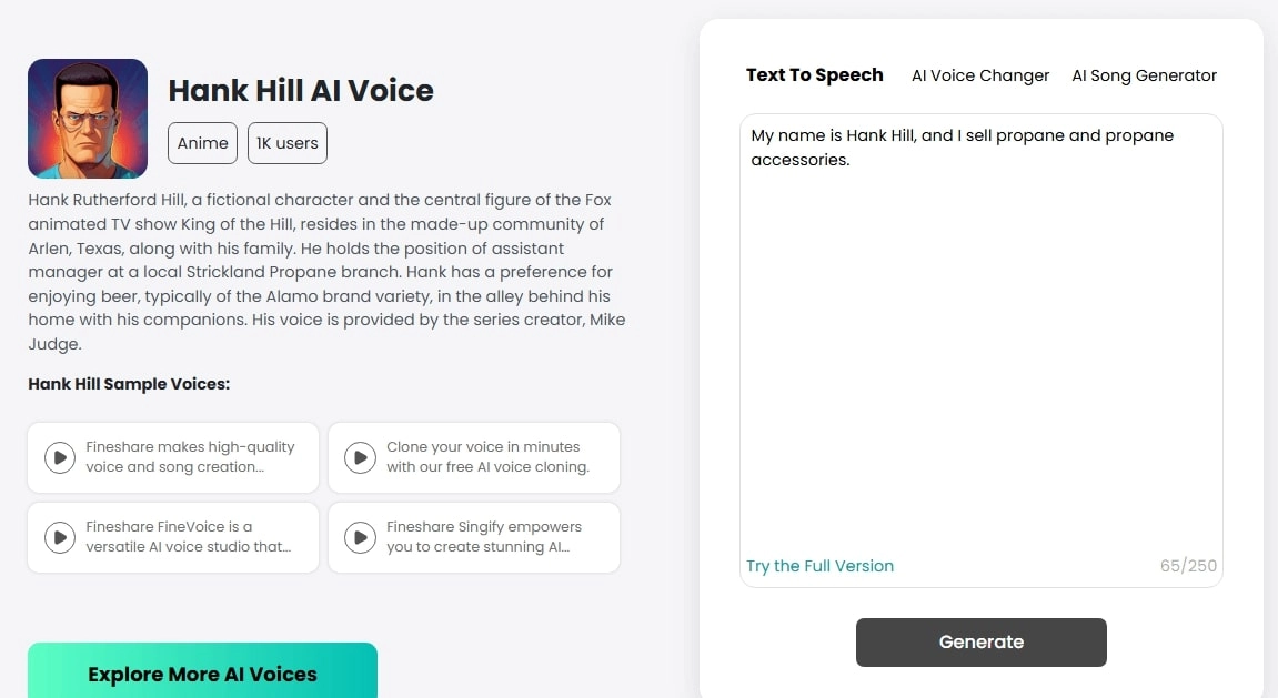 Fineshare Hank Hill AI Voice Generator