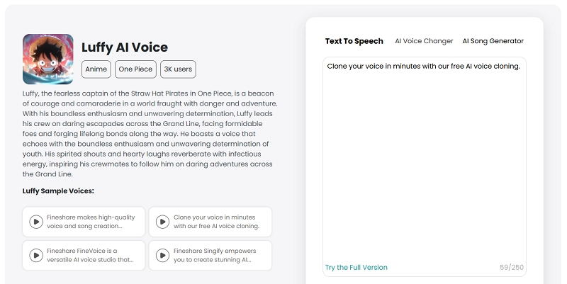Fineshare Luffy AI Voice Generator