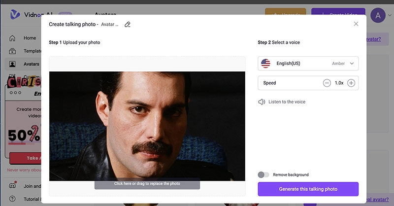 Freddie Mercury AI Voice Vidnoz AI Upload Avatar