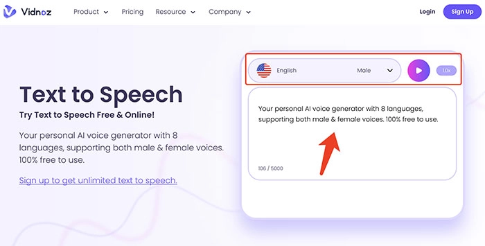Free Text to Natural Voice Vidnoz Generate Speech 