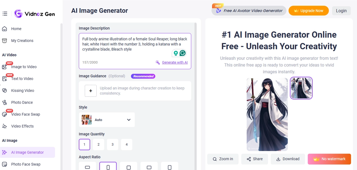 Generate Bleach OC with Vidnoz