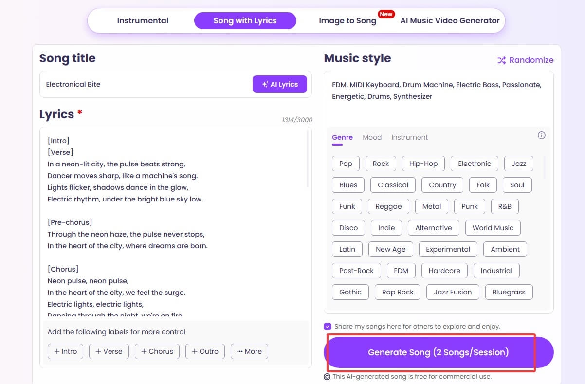 Generate EDM Song with Lyrics