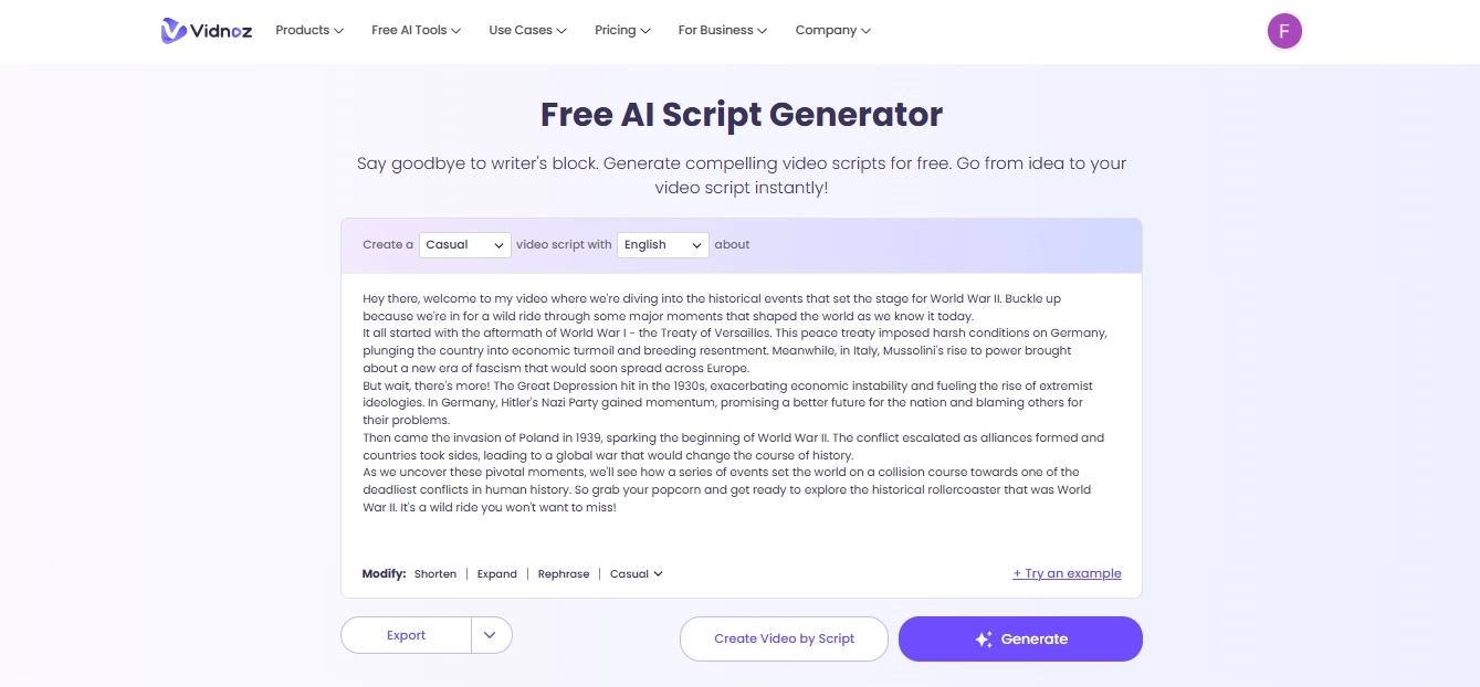 Generate Script with Vidnoz AI