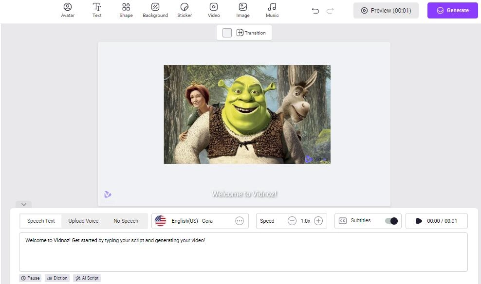 Generate Shrek AI Voice Video with Vidnoz