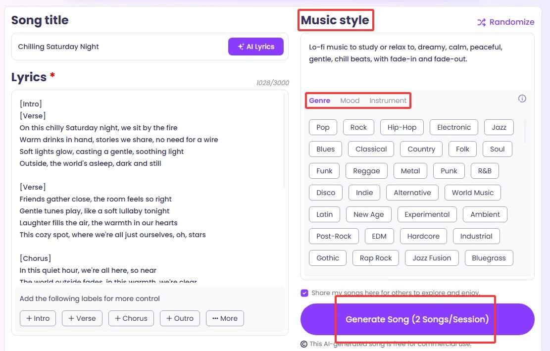 Generate Song with Customized Styles