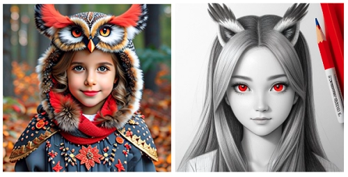 Girl in Owl Costume with Red Eyes