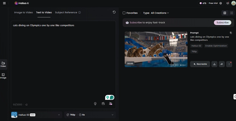 Hailuo AI for Cat Diving Video Generation
