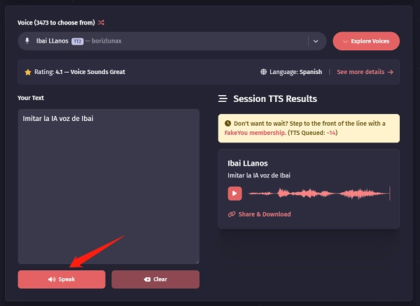 Haz Clic en Speak para Generar la Voz de Ibai