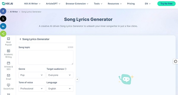 AI Song Lyrics Generator - HIX.AI