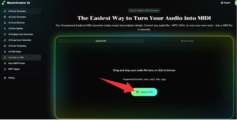 How to Convert Audio to MIDI with MusicCreator AI - Step 1