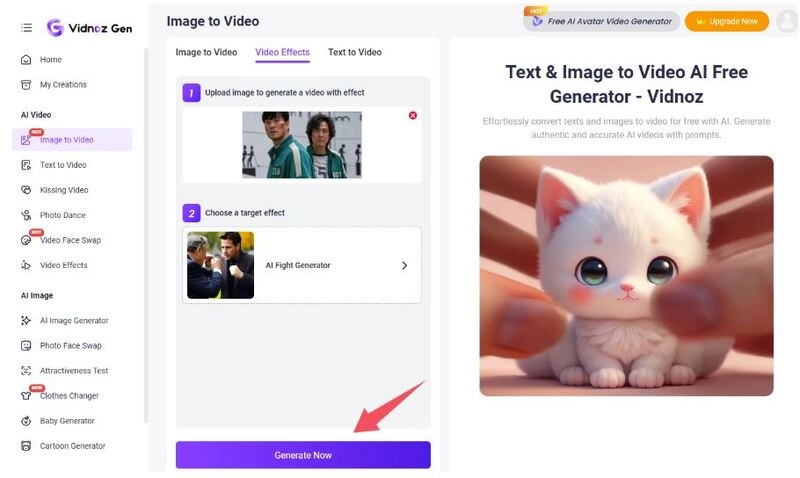 How to Use Vidnoz Gen Video Effect - Step 2