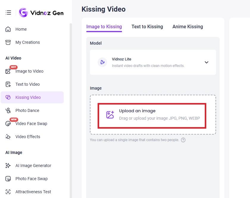 Image Uploading in Vidnoz AI Kiss Video Generator