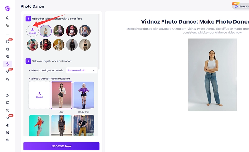 Import a Full Body Photo to Vidnoz AI Dance Generator