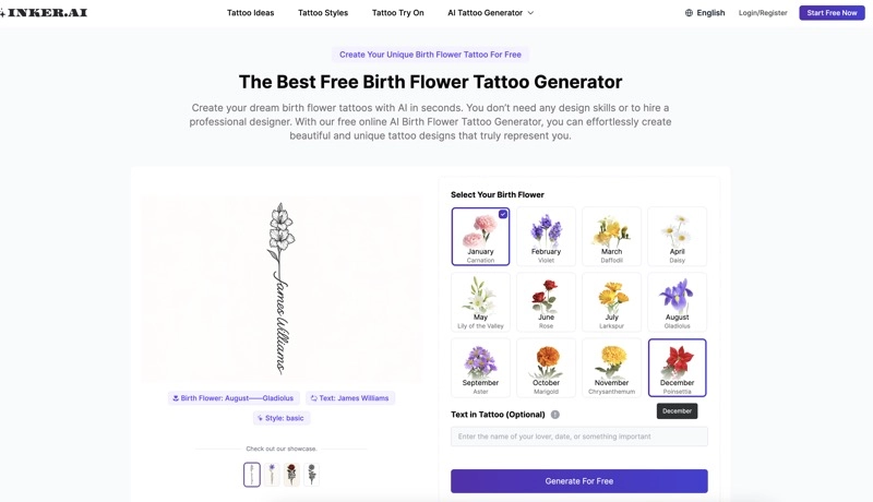 Inker AI Birth Flower Tattoo Generator