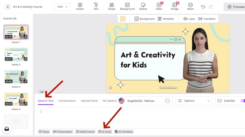 Input Speech or Use AI to Generate Script for Avatar