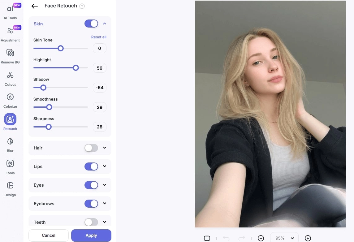 LightX Face Retouch Bold Glamour Filter