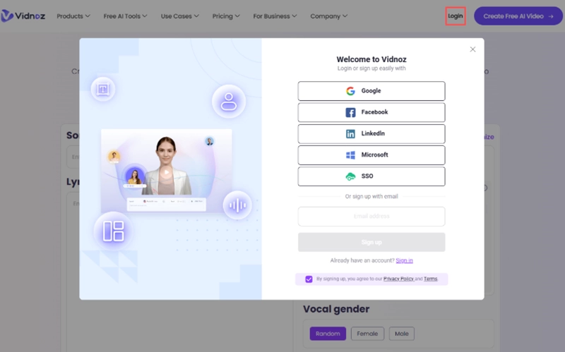 Login to Vidnoz AI Music Generator