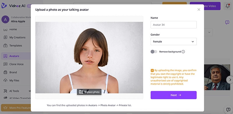 Look Alike Avatar Vidnoz Upload